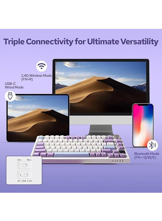 إيه جاز لوحة مفاتيح الألعاب AK820 Pro، لوحة مفاتيح ميكانيكية مثبتة بنظام جازك 75% مزودة بشاشة TFT، إضاءة RGB، 3 أوضاع (بلوتوث 5.1/2.4G لاسلكي وكابل Type-C)، رغوات عازلة للصوت (أرجواني وأبيض، مفتاح Ajazz Flying Fish) - Image 5